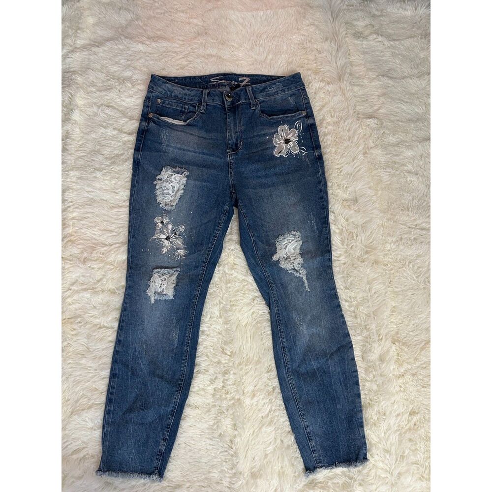 Seven7 Distressed Floral Lace Skinny Jeans Size 10 Raw Hem Embroidered